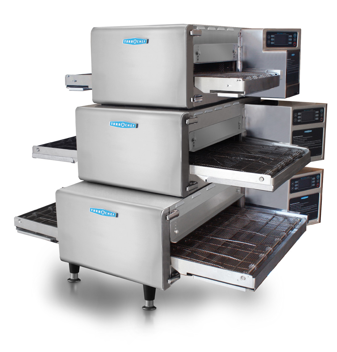 A stack of three TurboChef Conveyor ovens.