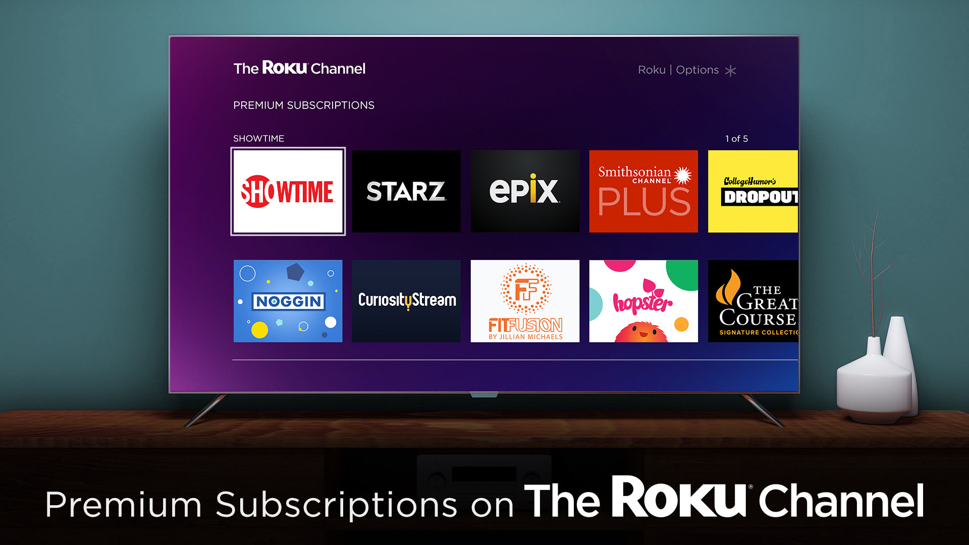 A television displaying premium subscription options in The Roku Channel.