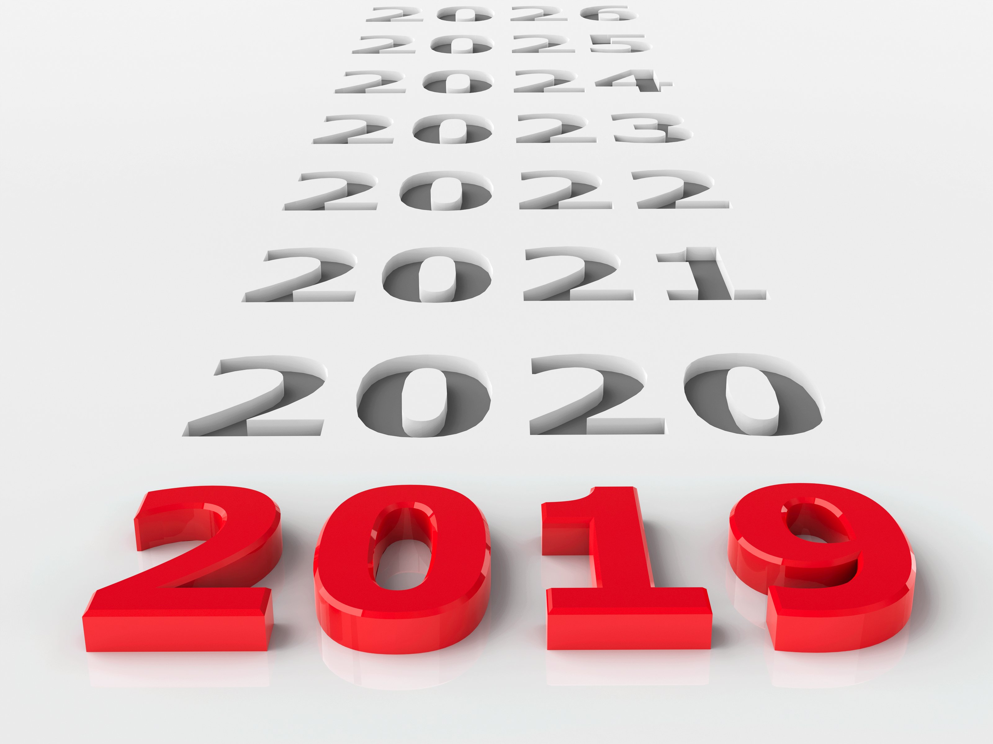 2019 in red numbers in a line with 2020 through 2026 in black.
