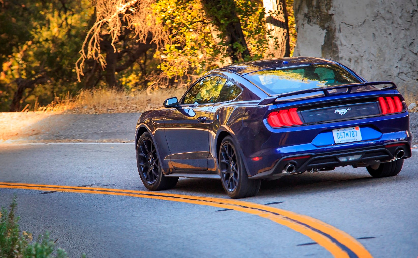Blue Ford Mustang on a road rounding a corner.