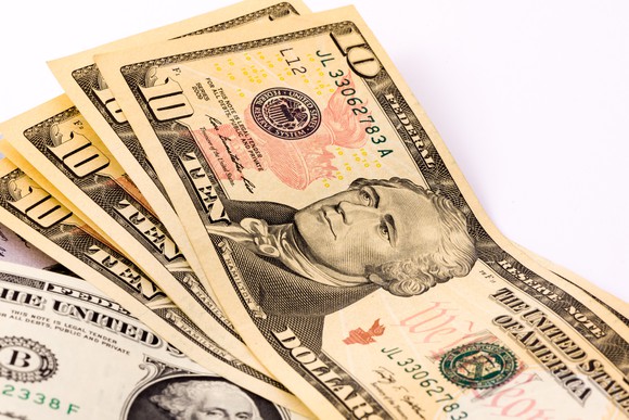 Stack of 10-dollar bills.