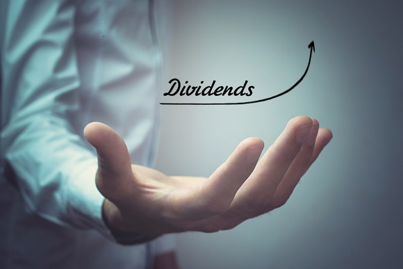 A person's hand cups an animation that says the word dividends with an upward-sloping arrow.