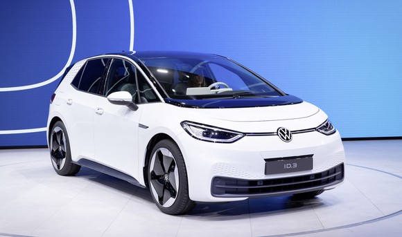 A white VW ID.3, a battery-electric hatchback, on VW's show stand in Frankfurt, Germany.