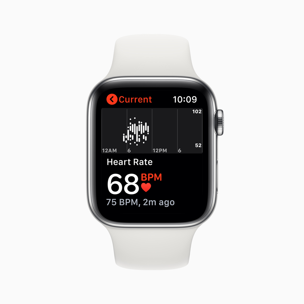 The face of an Apple Watch showing the users heart rate of 68 beats per minute.