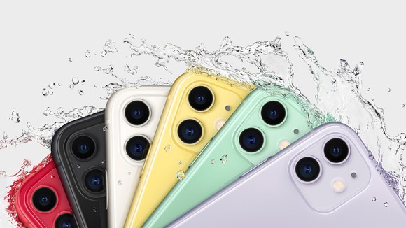 iPhone 11 in various colors getting splashed by water.