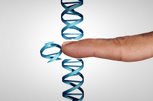 A finger pushing a chunk of DNA out of a longer strand of DNA.