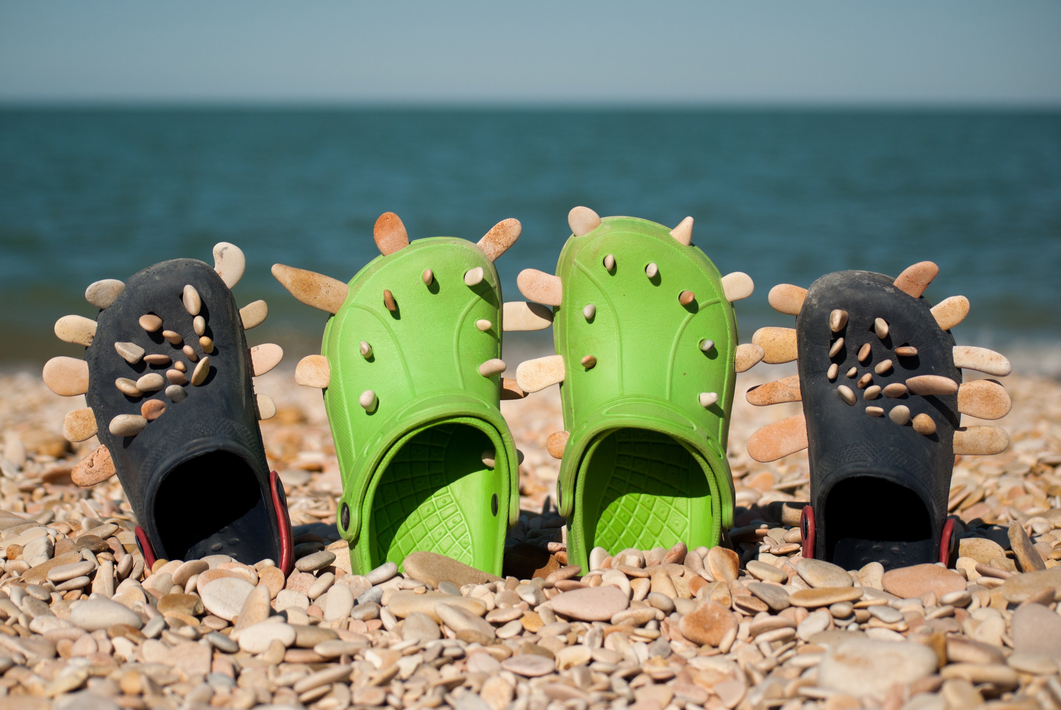 Two pair of Crocs stick in rocks near the ocean