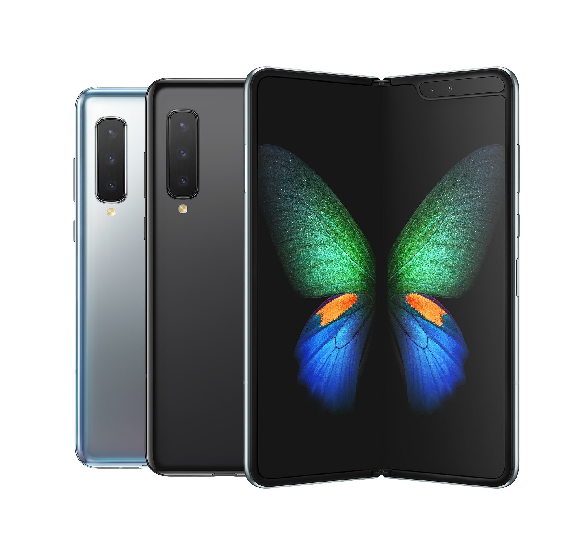 Three different colors of the Samsung Galaxy Fold with one opened to a butterfly background.