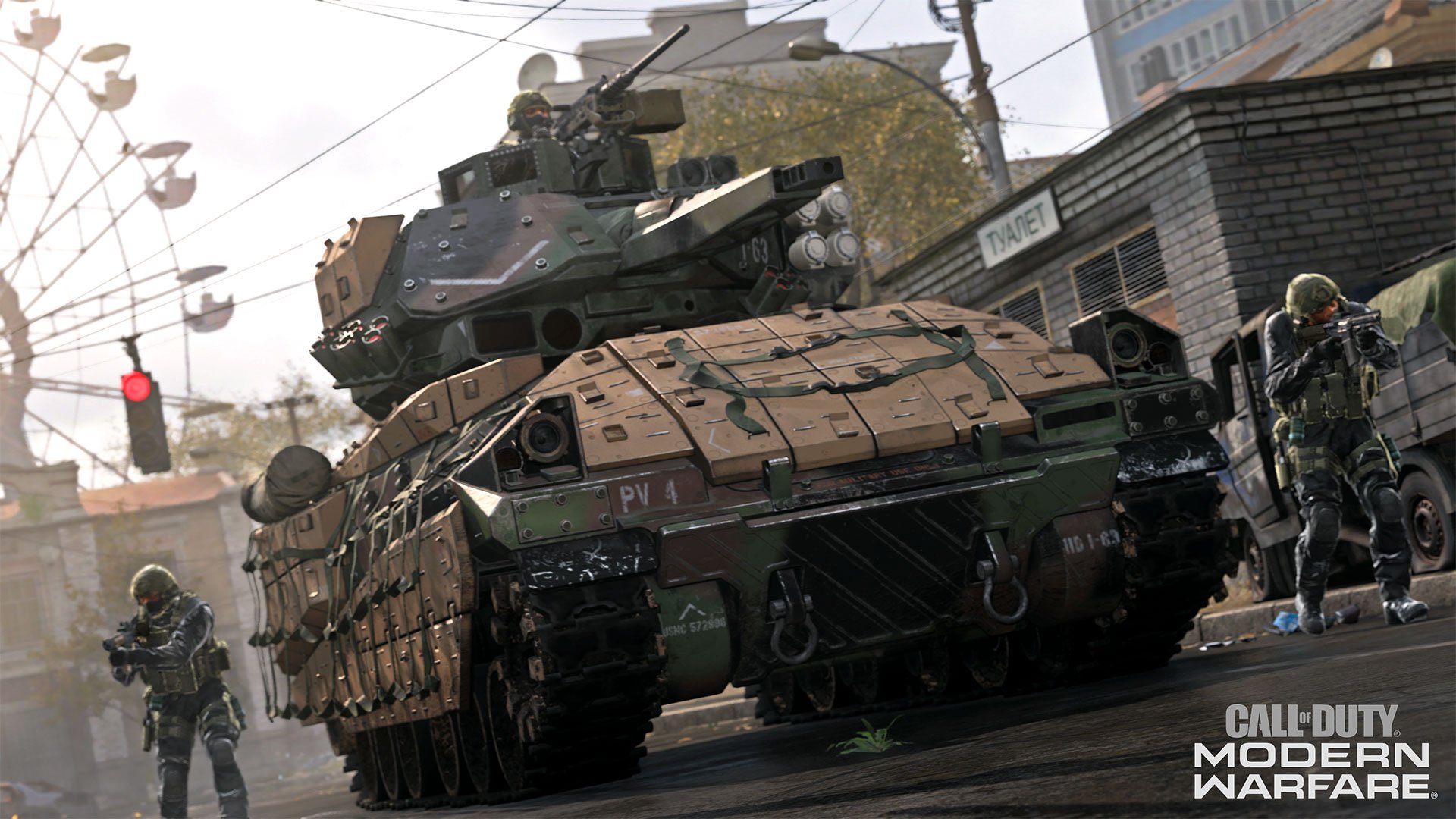 A tank driving in an urban area with soldiers flanking in a screenshot from Call of Duty Modern Warfare.