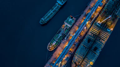 An aerial view of oil tankers.