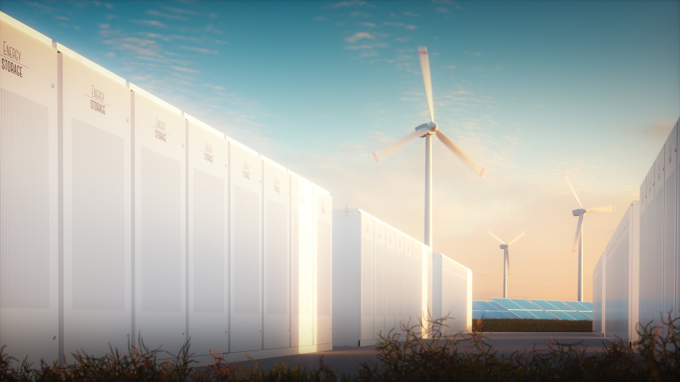 Rendering of an energy storage facility with wind turbines in the background