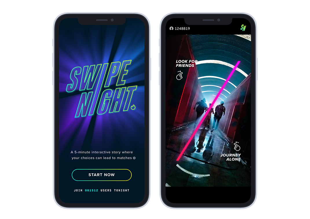 Mobile phone shots of Match's new Swipe Night program for Tinder