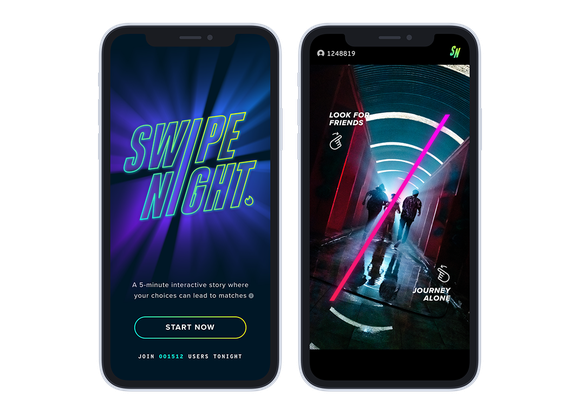 Mobile phone shots of Match's new Swipe Night program for Tinder