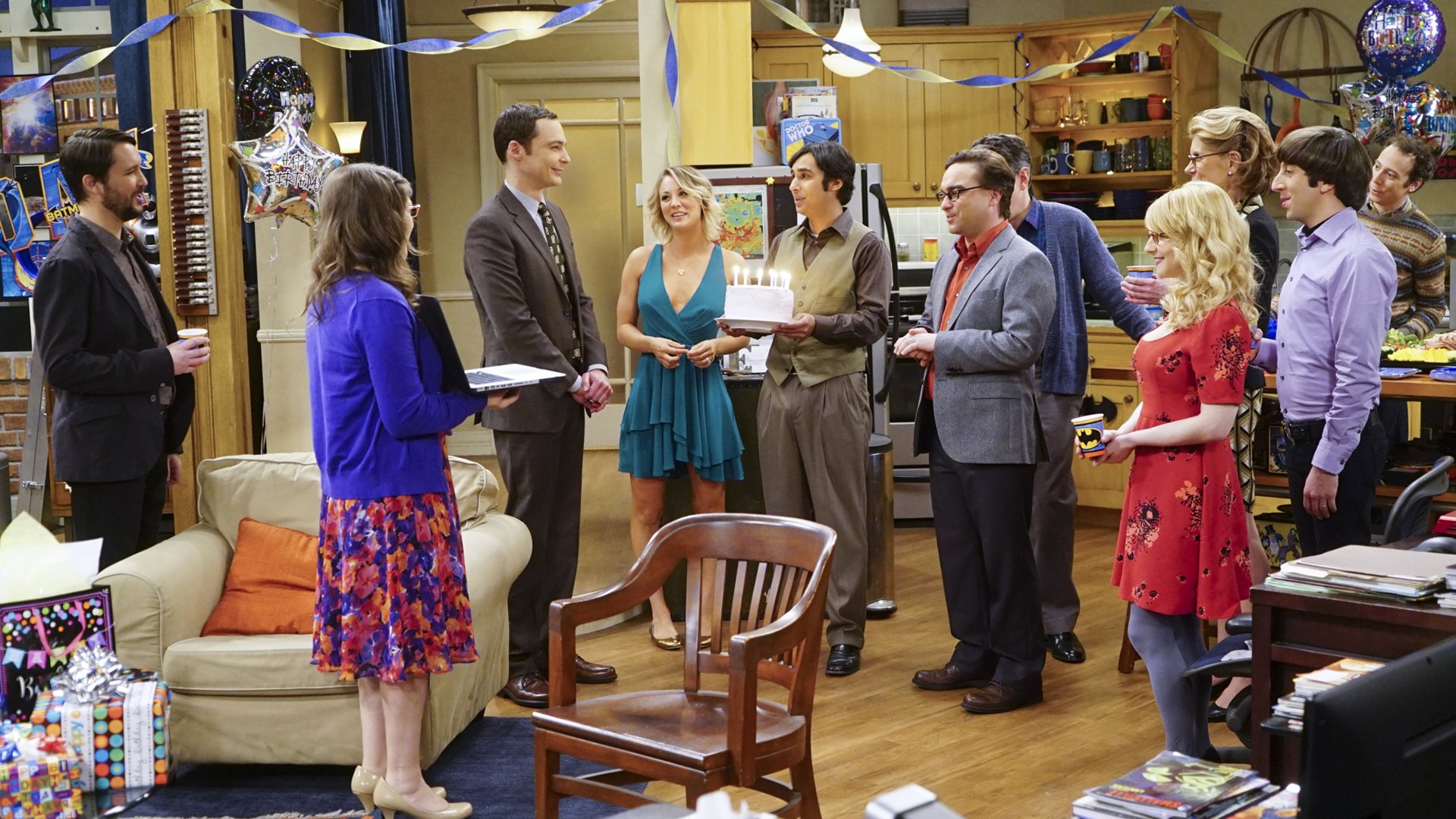 A scene from the CBS program The Big Bang Theory depicting a birthday party.