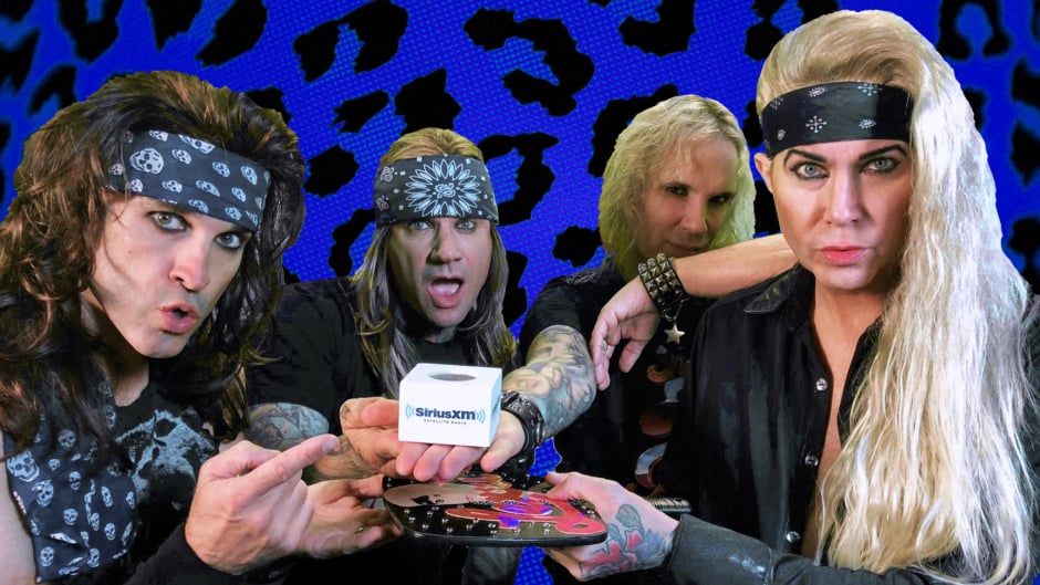 Steel Panther posing with Sirius XM swag at the Sirius XM studio.