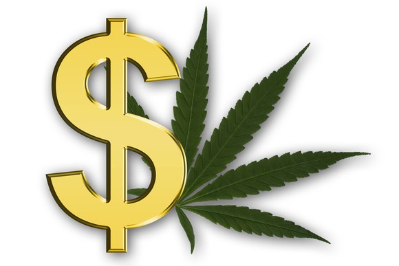 Gold dollar sign with a cannabis leaf