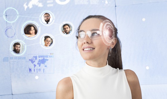 Woman using AR glasses for social networking