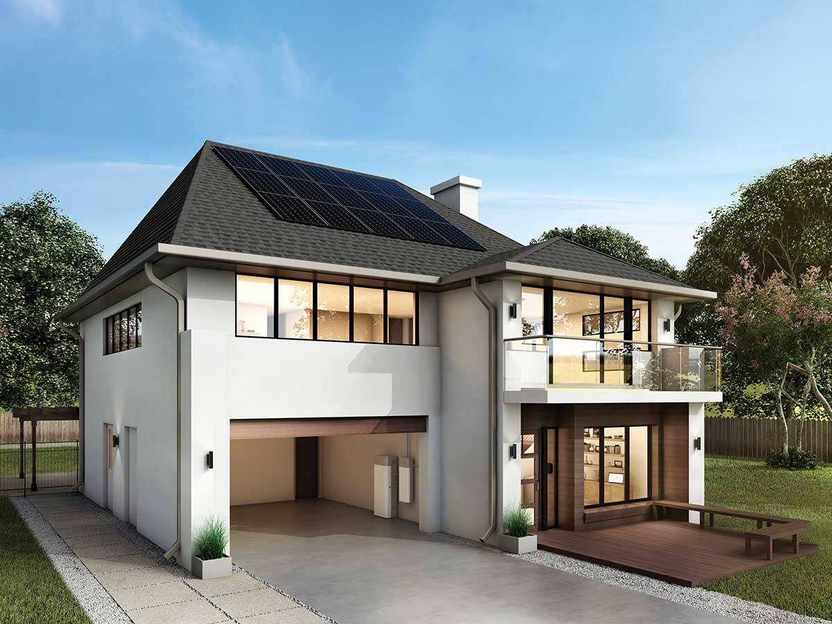A two-story house with SunPower energy storage system in the garage.