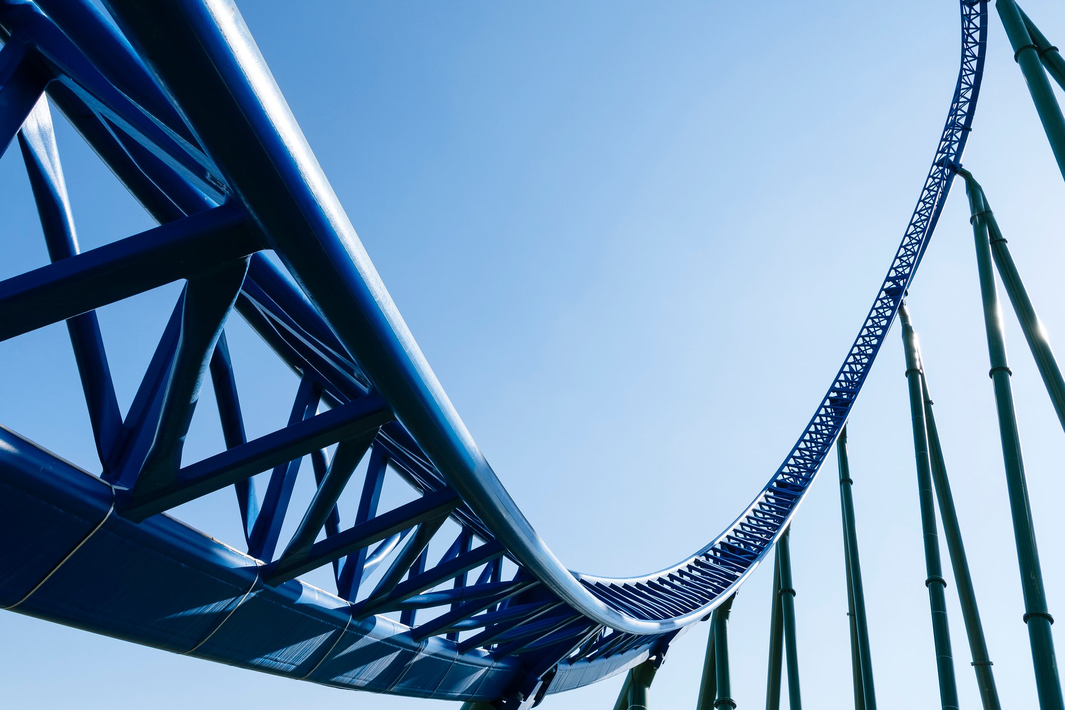Rider's-eye view of a roller coaster track.