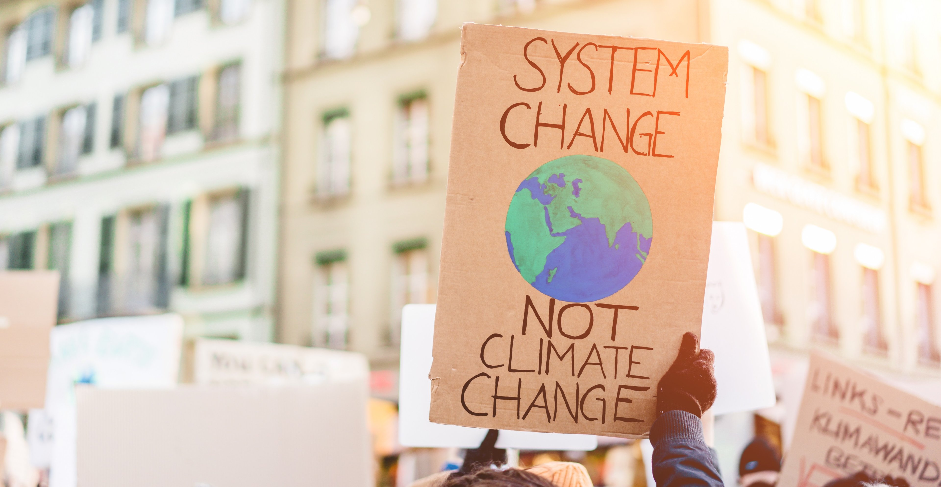 A protester holds up a sign reading System Change, Not Climate Change