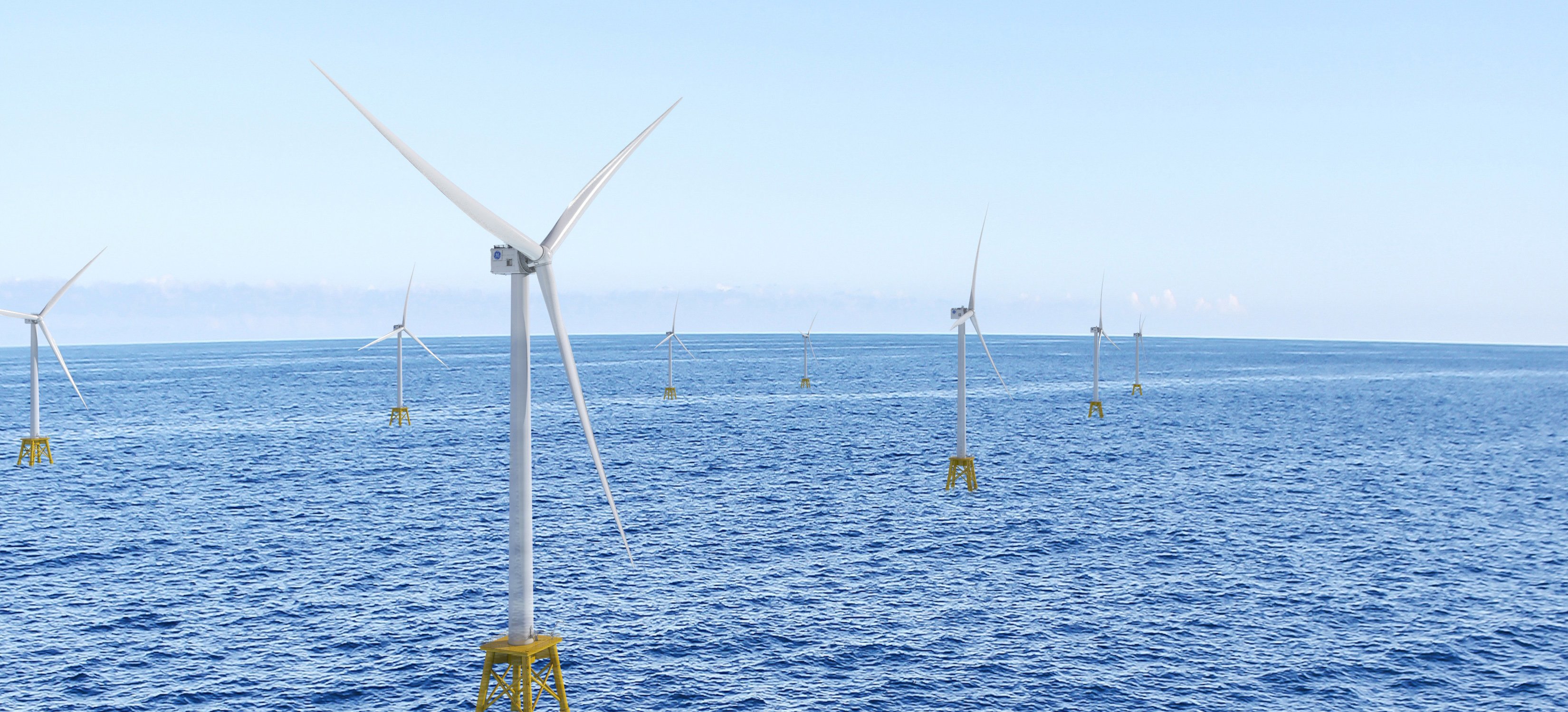 Haliade-X wind turbines shown at an offshore wind farm. 