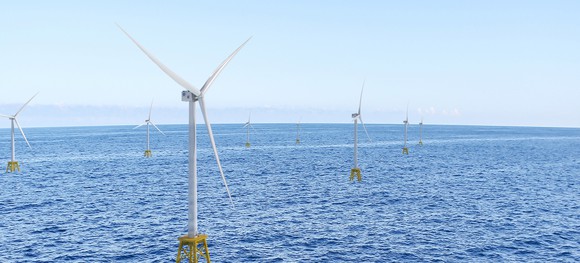 Haliade-X wind turbines shown at an offshore wind farm. 
