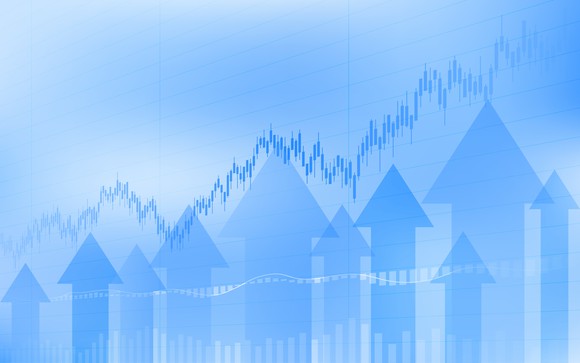 A rising chart depicted with a graph, bars, and arrows