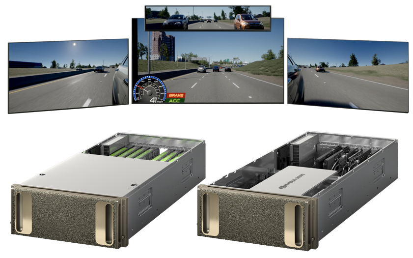 Two Nvidia Drive processor units, with images of computer generated driving simulation shown above them.