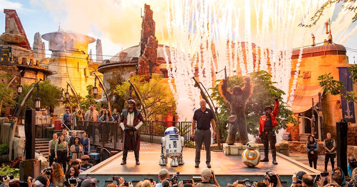 The debut of Star Wars: Galaxy's Edge with characters and park execs on stage.