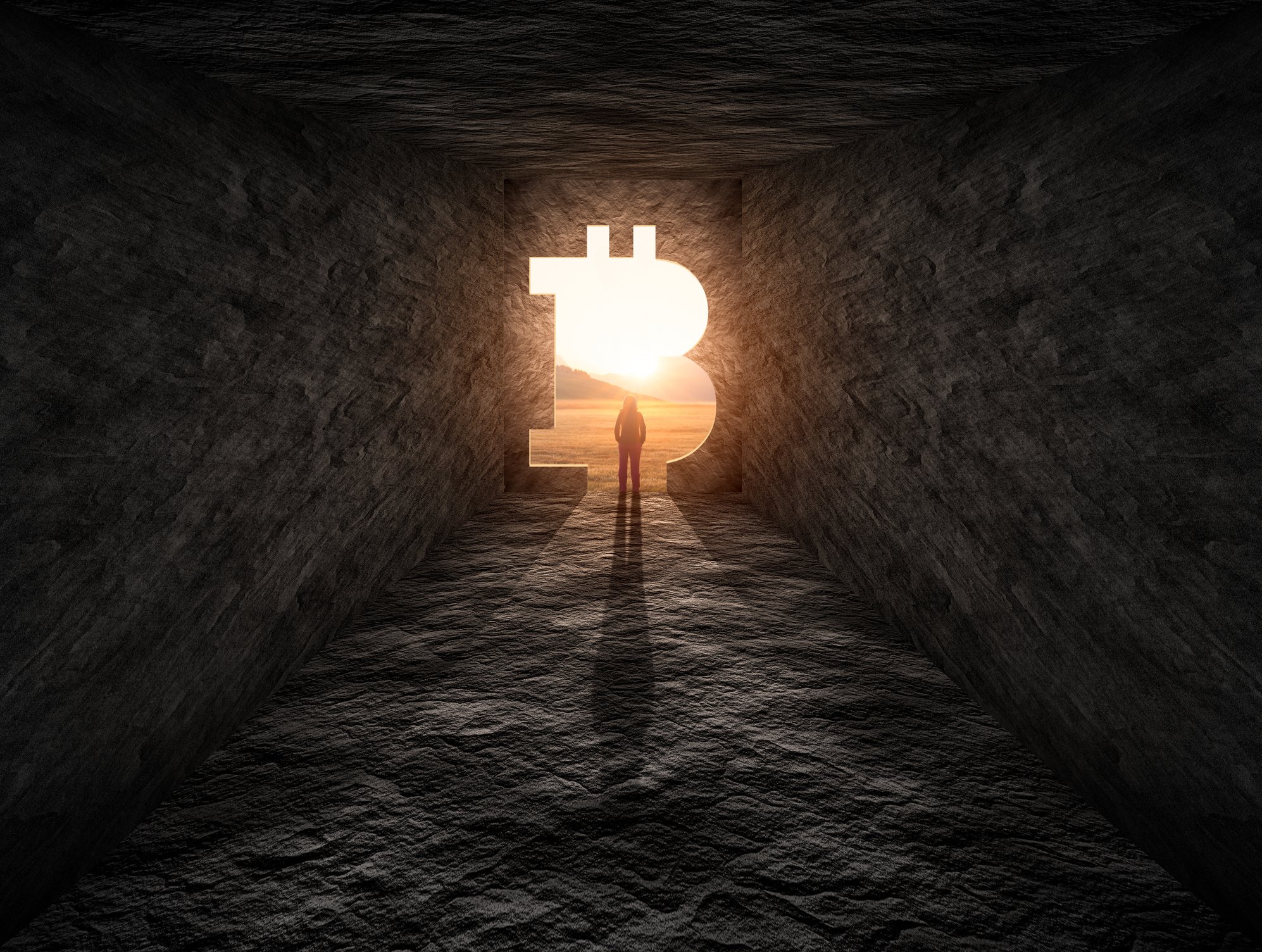 A person standing in a dark cave with an opening shaped like a bitcoin logo
