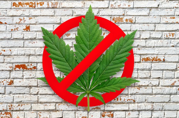 Marijuana leaf with a red circle around it and a red slash and a white brick wall in the background