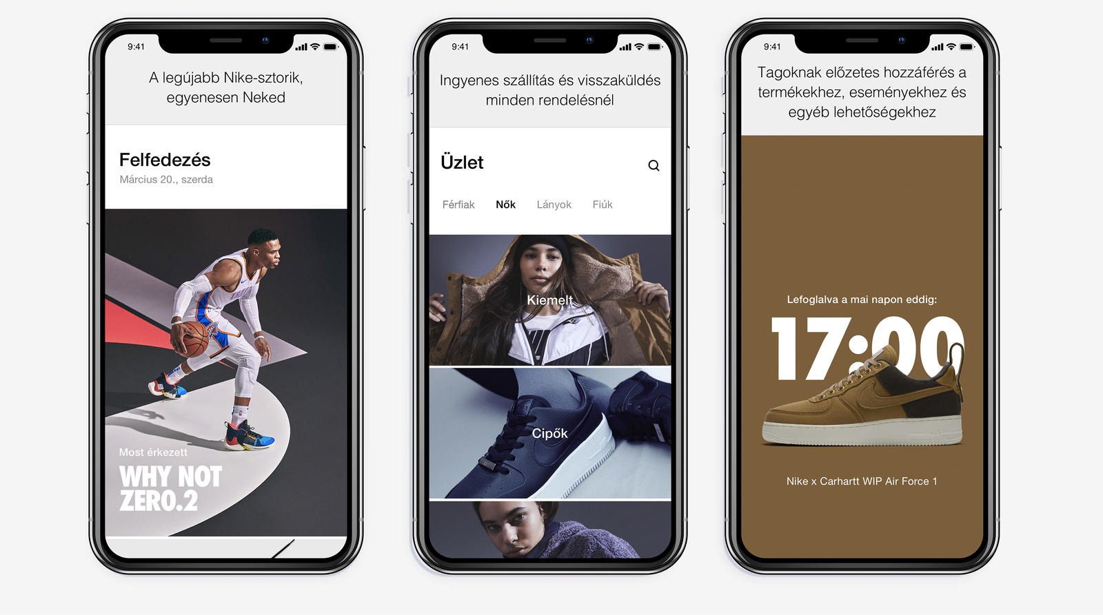 Three smartphones with the European version of the Nike app displayed.