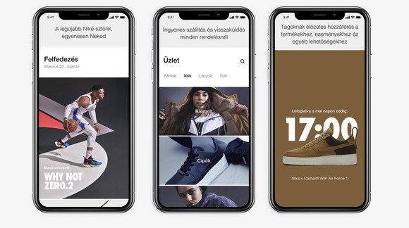 Three smartphones with the European version of the Nike app displayed.