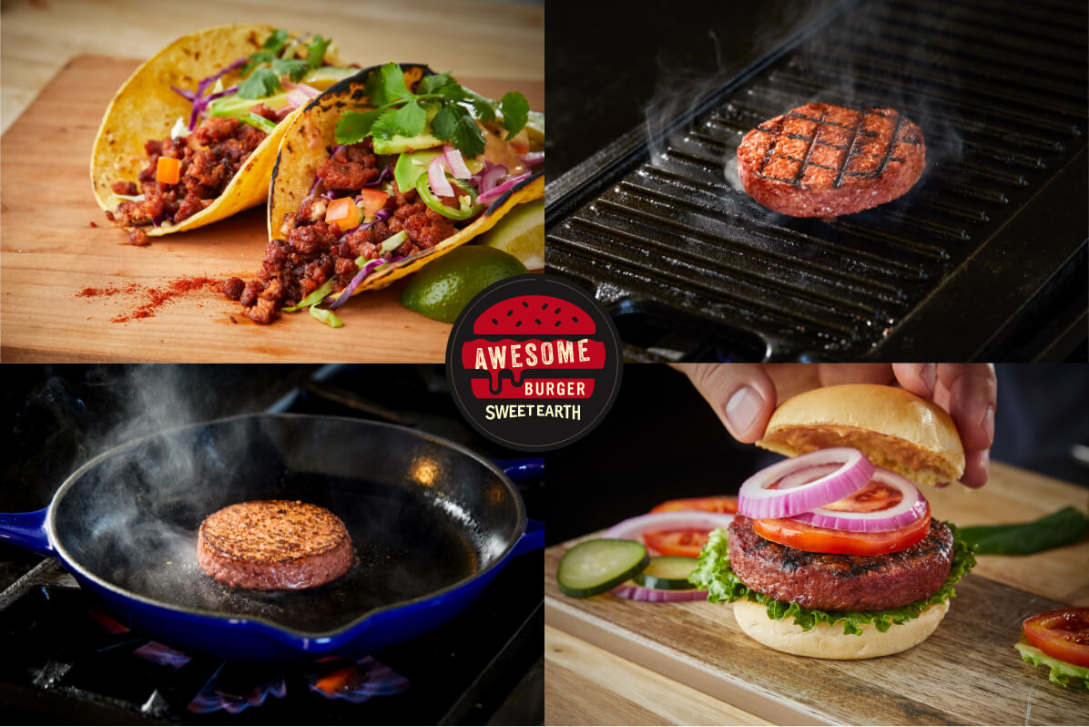 Picture divided into four quadrants. Top left: tacos with Awesome Grounds plant-based meat. Top right and bottom left: an Awesome Burger on a grill and one in a skillet. Bottom right: an Awesome Burger on a bun topped with tomatoes and onions.
