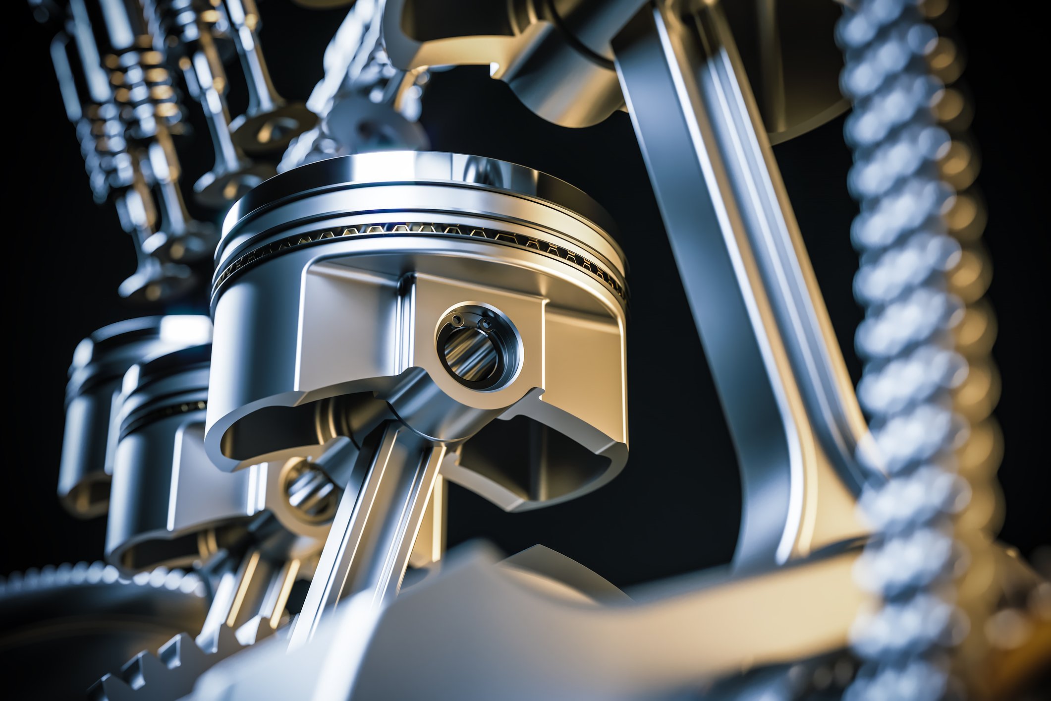 3D-rendered illustration of engine pistons.