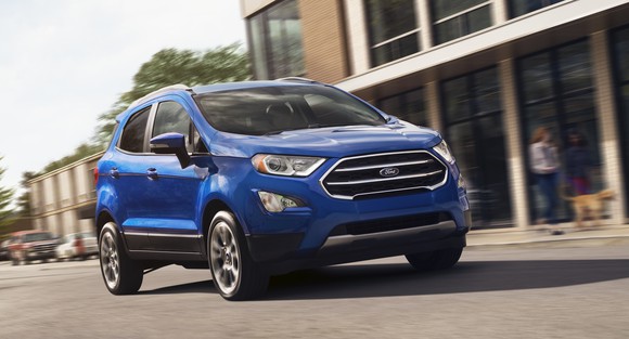 A blue 2019 Ford EcoSport, a small crossover SUV