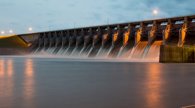 A hydropower dam at twilight.