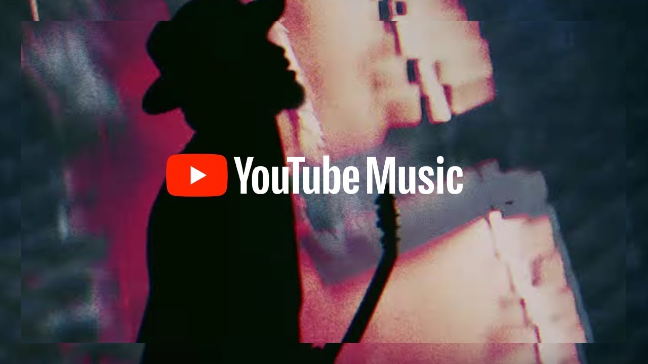 Silhouette of a man playing guitar with an overlay of the YouTube Music logo.