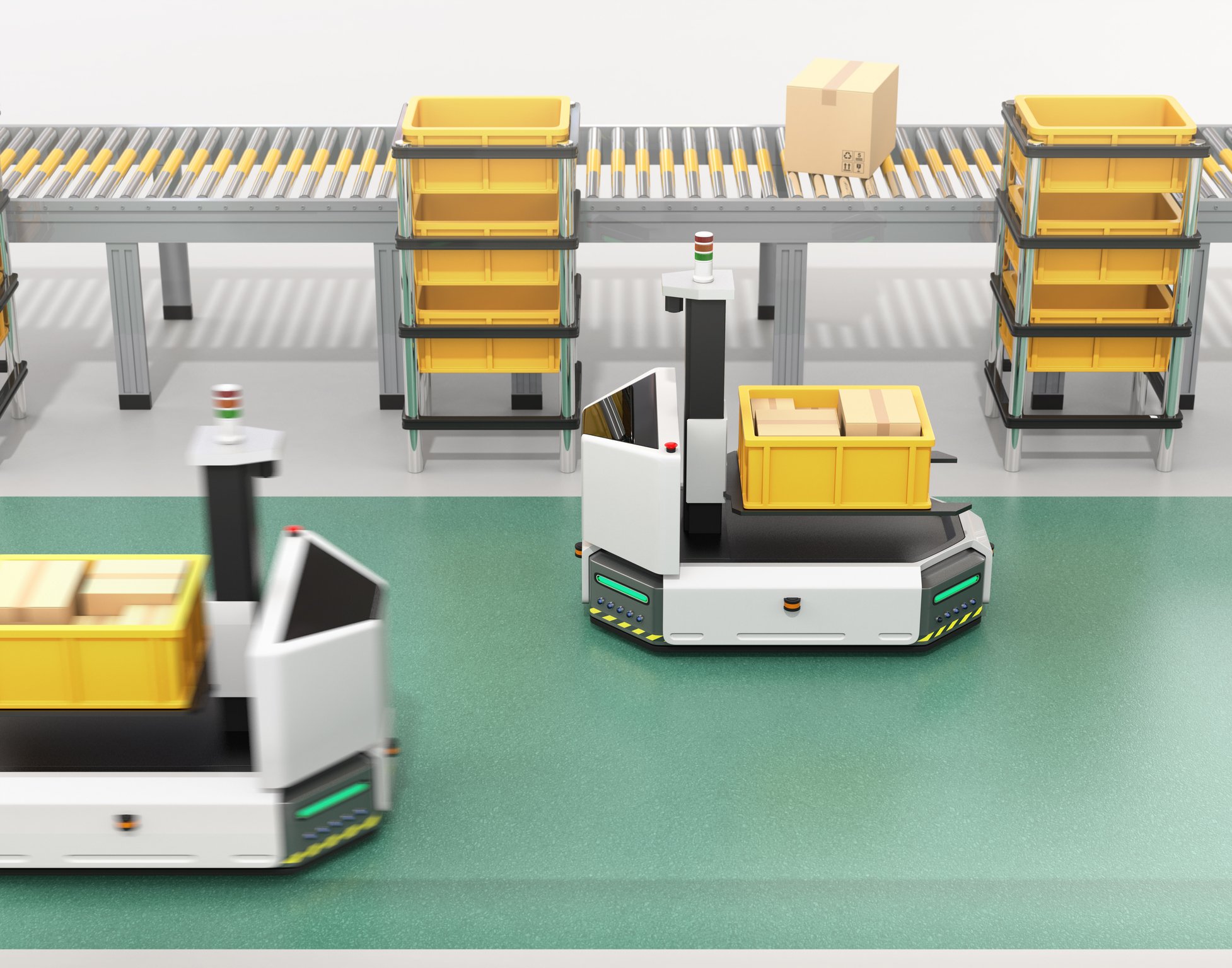 Robots carrying bins in a warehouse