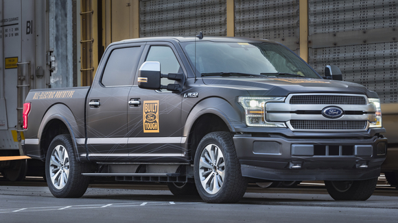 An all-electric Ford F-150 prototype. The company said the battery-powered truck towed more than 1.25 million pounds of rail cars and trucks during a capability test. Credit: Ford Motor Co.