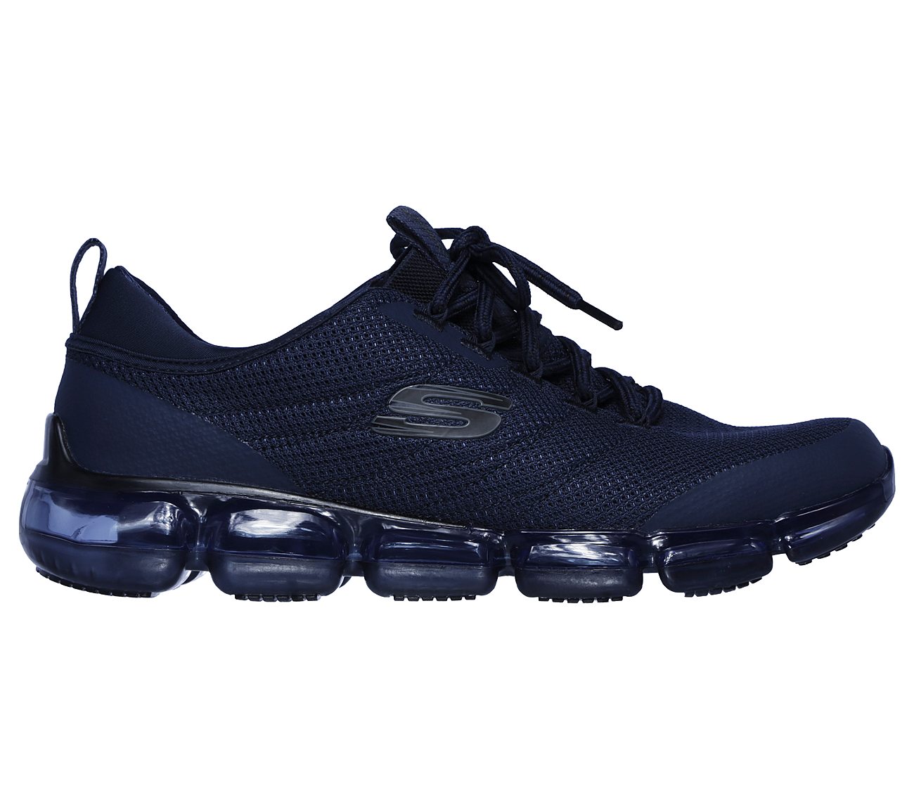 A navy blue mens Skechers Skech-Air shoe with bubble sole.