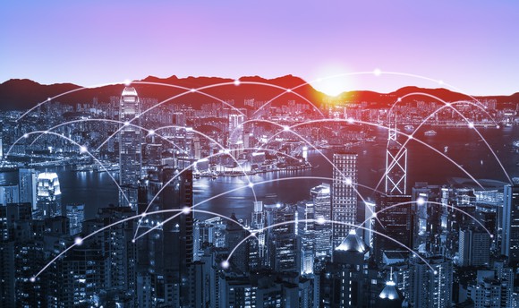 Visualized networking connections over downtown Hong Kong.