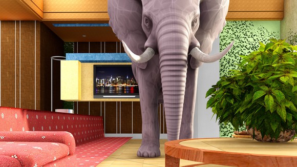 Pink elephant in a living room.