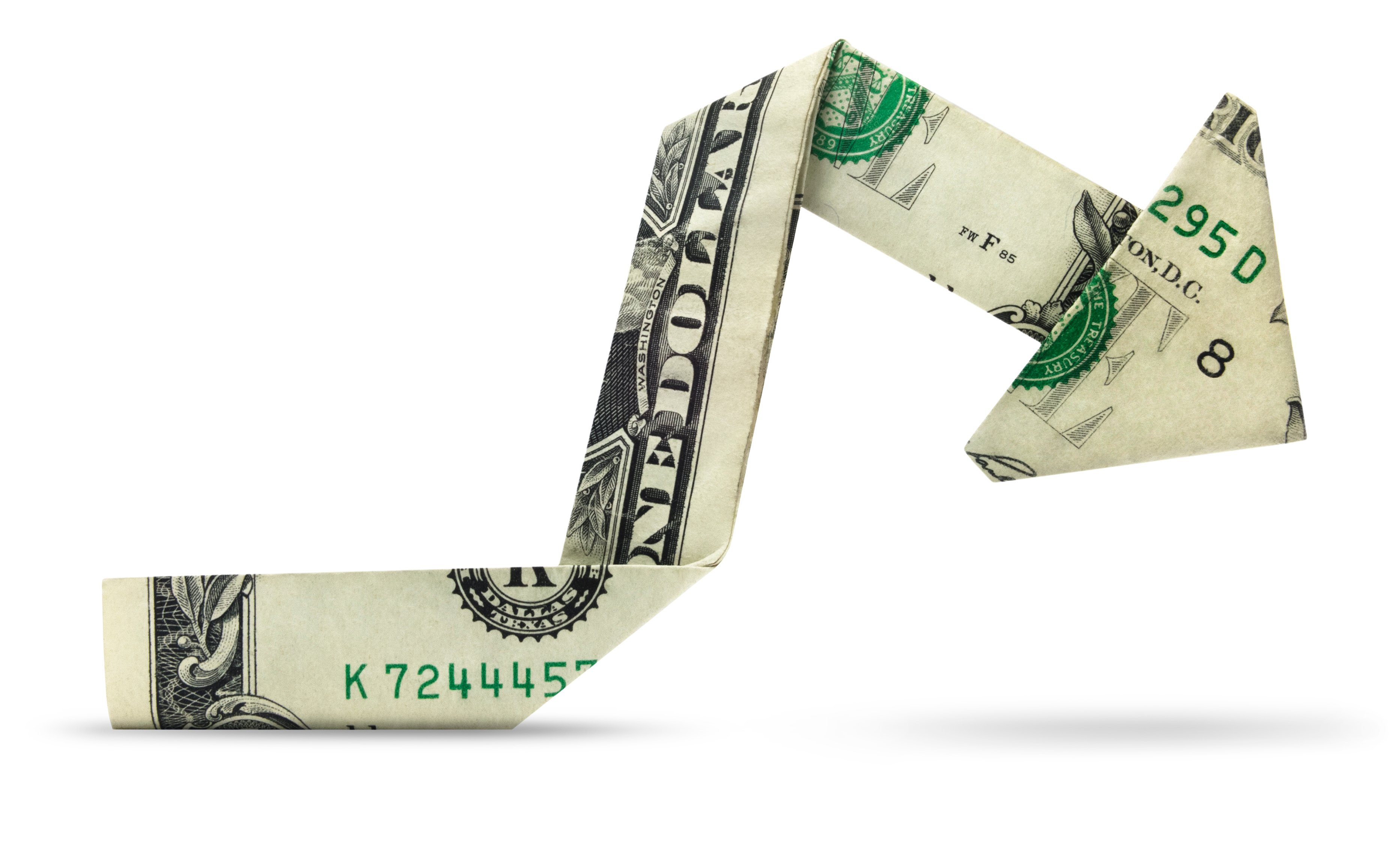 A one-dollar bill folded, origami-style, into a charting arrow pointing downwards.