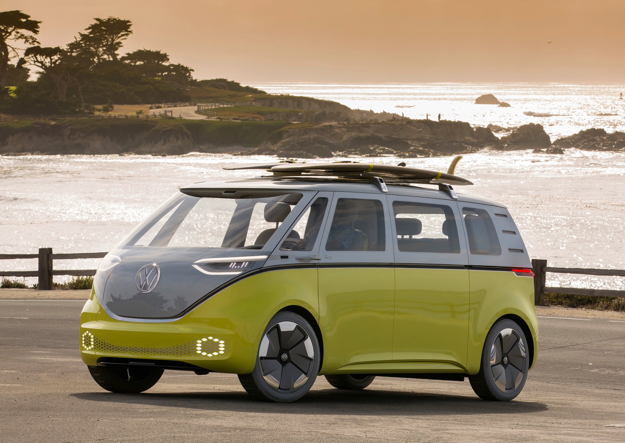 The Volkswagen ID Buzz, a preview of an upcoming electric minivan with styling reminiscent of the VW Microbus of the 1960s