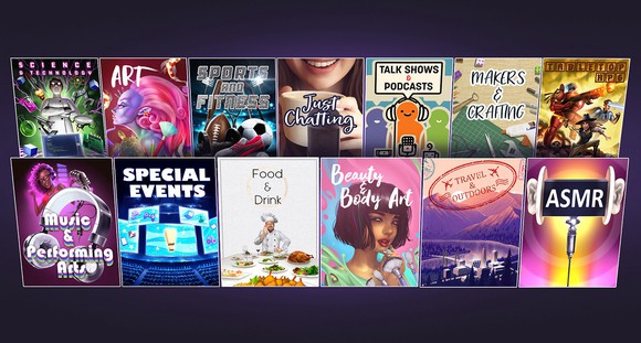 Artwork depicting the various content categories Twitch has expanded into.