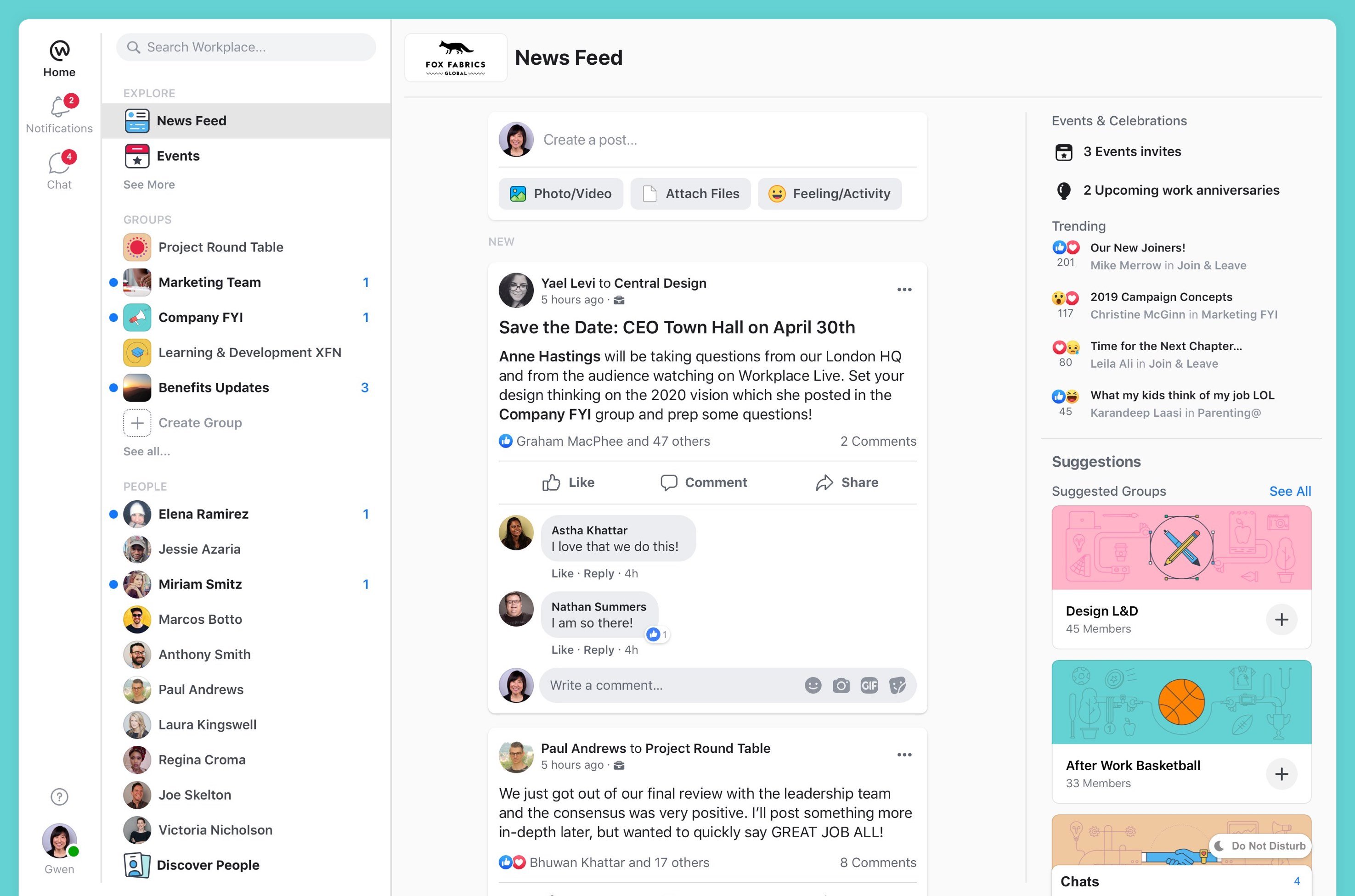 The user interface of Workplace by Facebook.