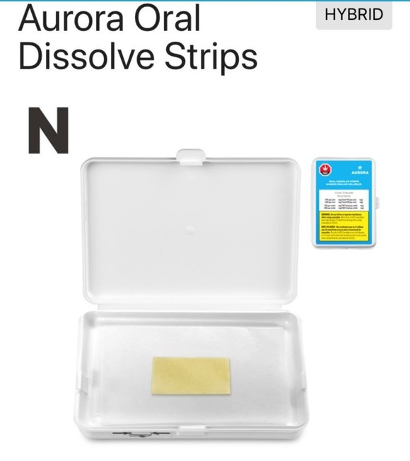 Aurora Cannabis' Dissolve Strips in white packaging.