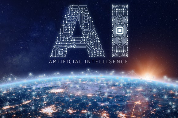 Big letters AI made up of circuits over smaller "ARTIFICIAL INTELLIGENCE" with a view of Earth with lighted points that are connected