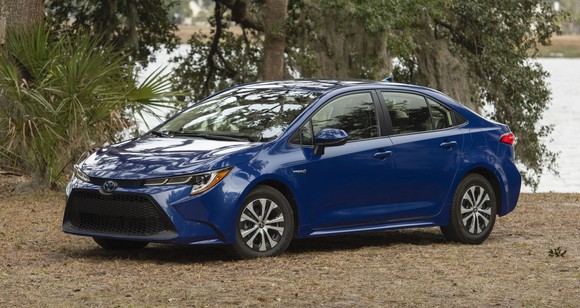 A blue 2020 Toyota Corolla Hybrid, a compact sedan.